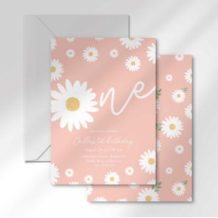 Pink Daisy 1st Birthday Invitation