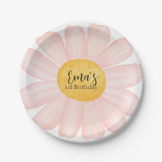 Pink Daisy 1st Birthday Party Paper Plate