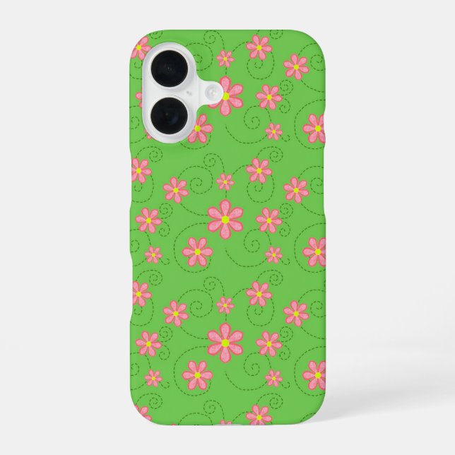 Pink Daisy and Bug Trail Pattern On Bright Green iPhone 16 Case (Back)