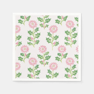 Pink Daisy and Holly Christmas Cocktail Napkins Wh