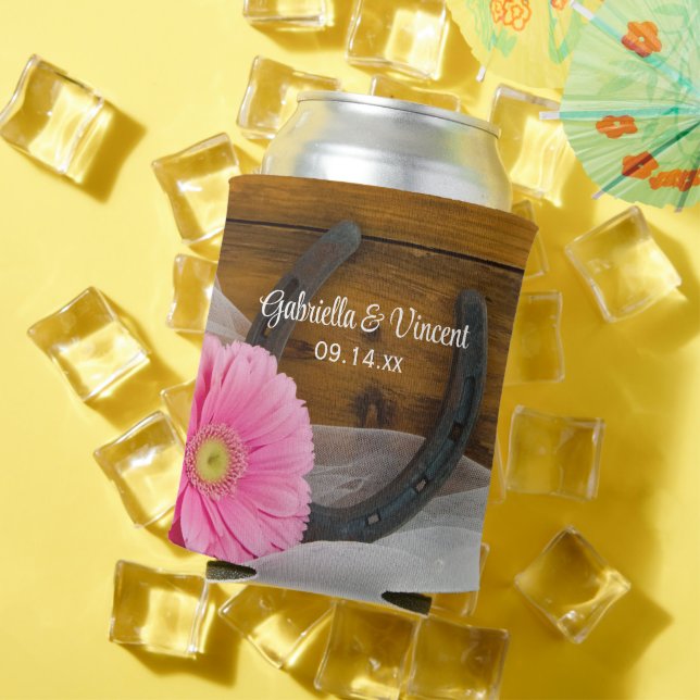 Pink Daisy and Horseshoe Country Wedding Favour Can Cooler (In Situ Summer)