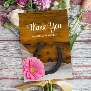 Pink Daisy and Horseshoe Western Wedding Thank You Card