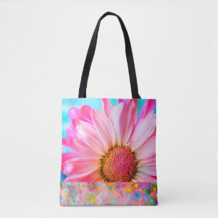 Pink daisy and polka dot tote bag