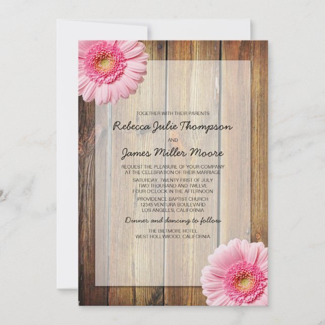 Pink Daisy - Barn Wood - Invitations de mariage (Devant)