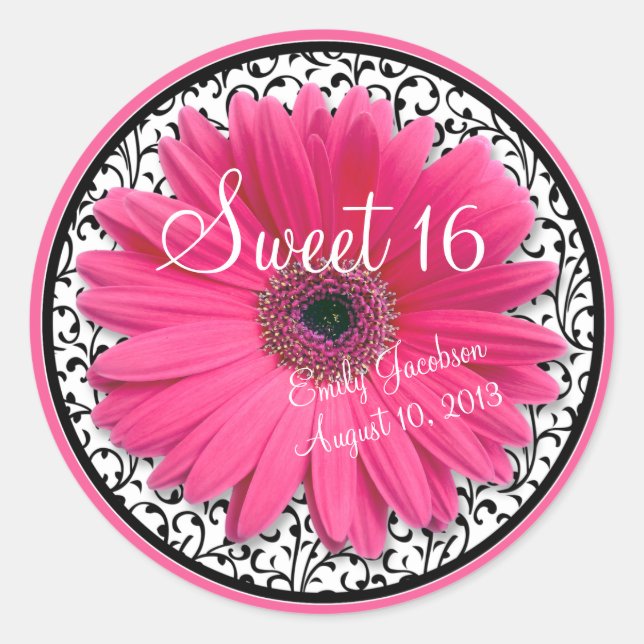 Pink Daisy Black White Floral Sweet 16 Birthday Classic Round Sticker (Front)