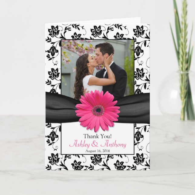 Pink Daisy Black White Floral Wedding Thank You (Front)