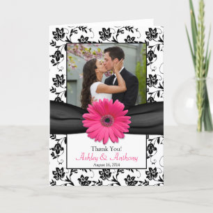 Pink Daisy Black White Floral Wedding Thank You Card