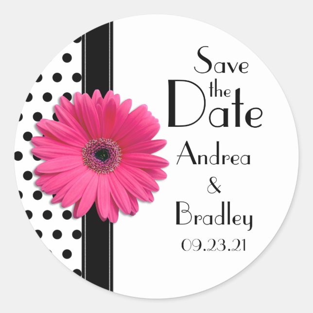 Pink Daisy Black White Polka Dot Wedding Sticker (Front)