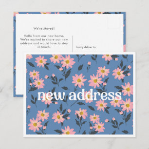 Pink Daisy Blue Floral New Address We've Moved Postcard