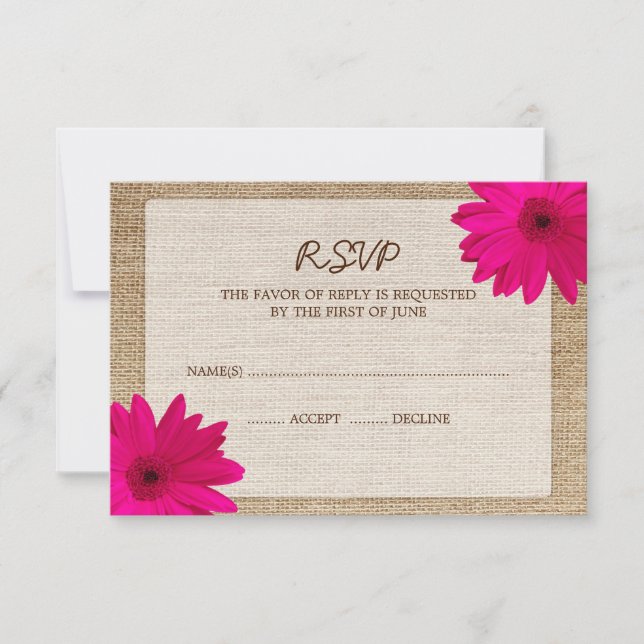 Pink Daisy Burlap Wedding RSVP Response Card (Front)
