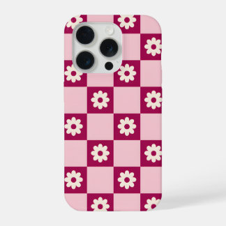 Pink Daisy Chequerboard Pattern iPhone 15 Pro Case