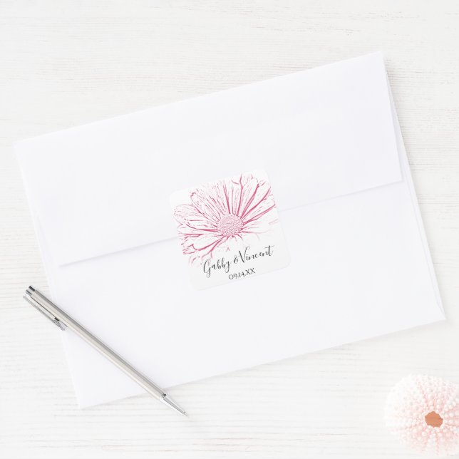 Pink Daisy Effect Floral Wedding Square Sticker (Envelope)
