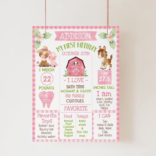 Pink Daisy Farm 1er Anniversaire Poster de jalon (Girls Editable Pink Farm 1st Birthday Milestone Poster, Farmyard Milestone Board, Barnyard Gingham)