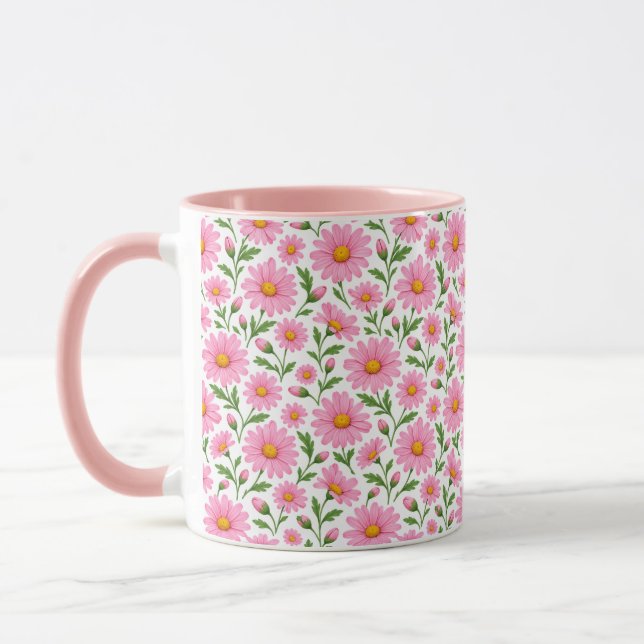Pink Daisy Floral Botanical Pattern Coffee Mug (Left)