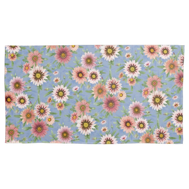Pink Daisy Floral on Blue Pillowcase (Front-Left)