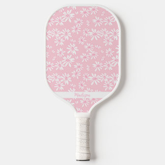 Pink Daisy Floral Pattern Personalized Name Cute Pickleball Paddle