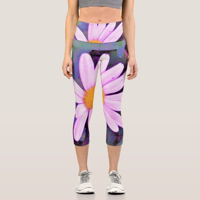 Pink Daisy Flower Capri Leggings (Front)