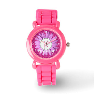 Pink Daisy Flower Girl Glitter Personalized Watch