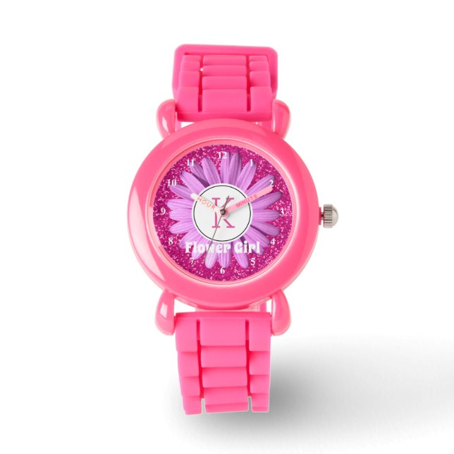 Pink Daisy Flower Girl Glitter Personalized Watch (Front)