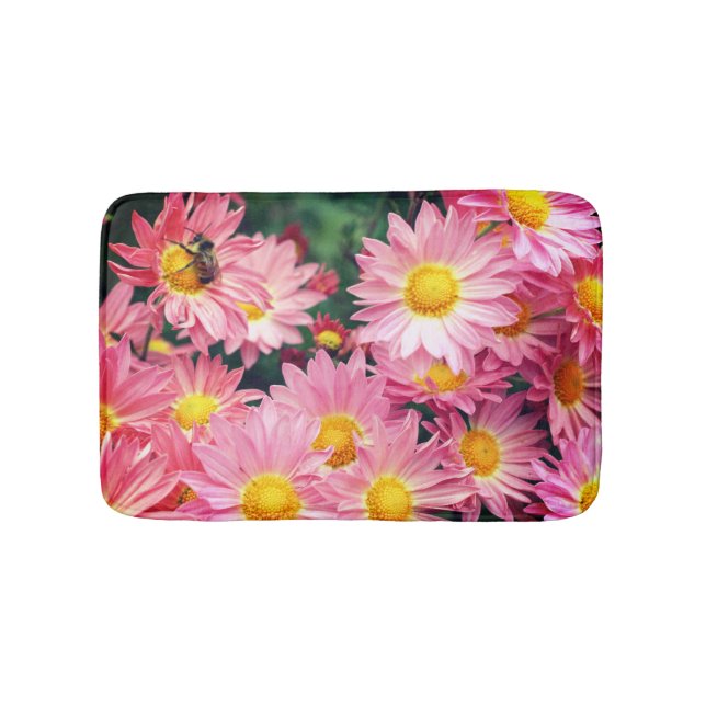 Pink Daisy Flowers And Bumble Bee  Bath Mat (Front)