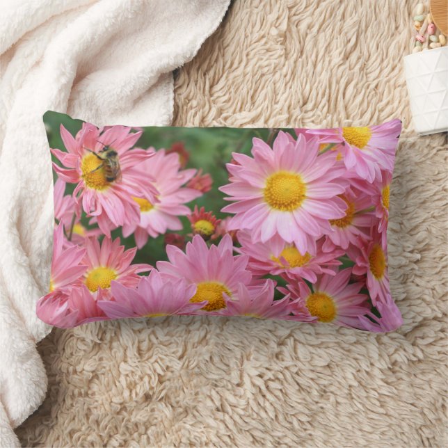 Pink Daisy Flowers And Bumble Bee   Lumbar Pillow (Blanket)