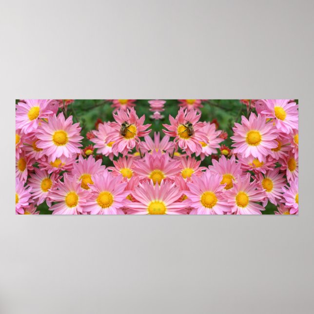 Pink Daisy Flowers And Bumble Bee Mirror Abstract Poster (Front)