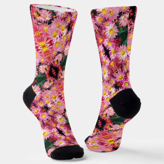 Pink Daisy Flowers And Bumble Bee Pattern   Socks (Angled)