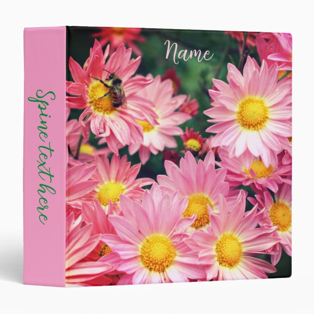 Pink Daisy Flowers And Bumble Bee Personalized Binder (Front/Spine)