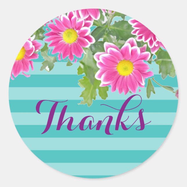 Pink Daisy Flowers on Turquoise Stripes "Thanks" Classic Round Sticker (Front)