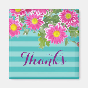 Pink Daisy Flowers on Turquoise Stripes "Thanks" Magnet