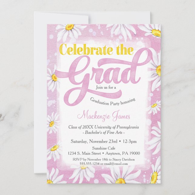 Pink Daisy Graduation Party Invitation Cute Floral (Devant)