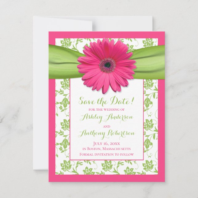 Pink Daisy Green Floral Damask Wedding Save The Date (Front)