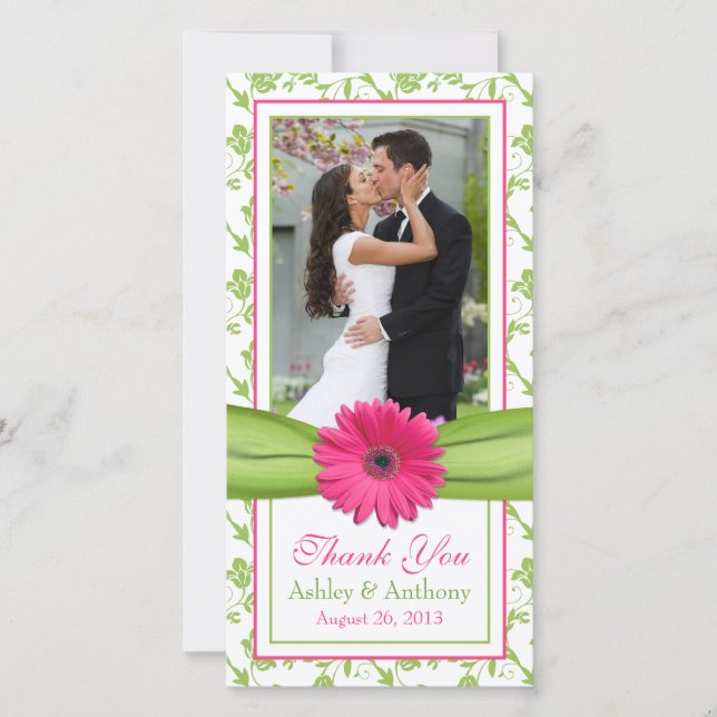 Pink Daisy Green Floral Ribbon Wedding Thank You (Front)