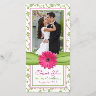 Pink Daisy Green Floral Ribbon Wedding Thank You Card