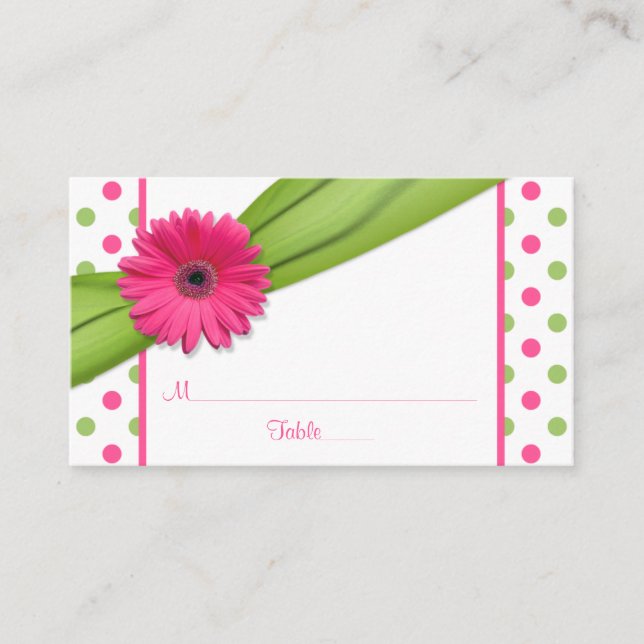 Pink Daisy Green Polka Dot Ribbon Place Cards (Front)
