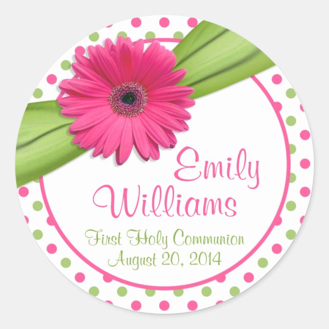 Pink Daisy Green White Polka Dots First Communion Classic Round Sticker (Front)