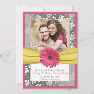 Pink Daisy Grey Yellow Damask Photo Save the Date