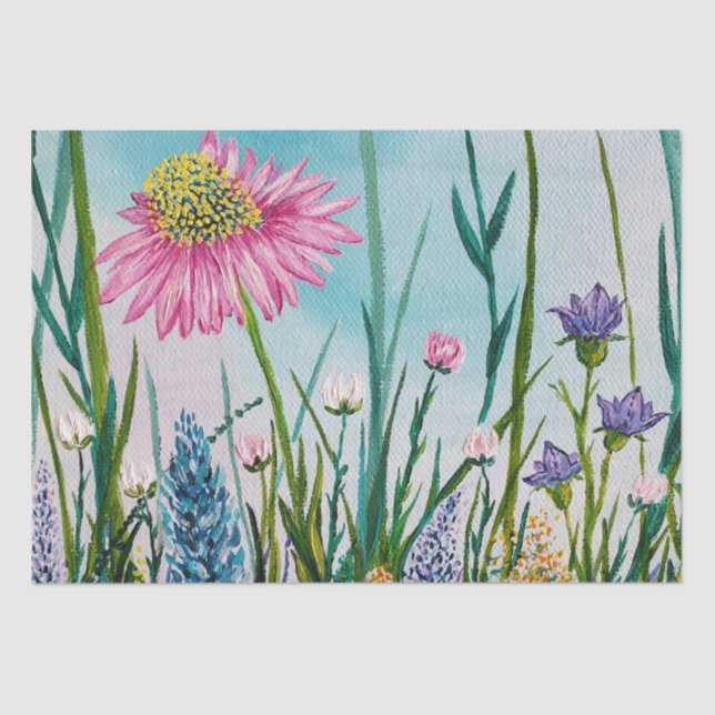Pink Daisy in a Meadow of Wildflowers Oil Painting Tissue Paper (Front)