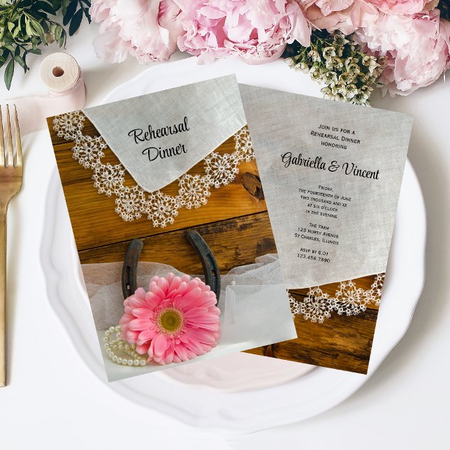 Pink Daisy Lace Country Western Rehearsal Dinner Invitation (Creator Uploaded)