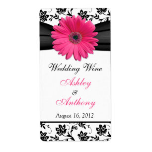 Pink Daisy Mariage damassé Wine Bottle Étiquette