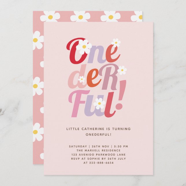 Pink Daisy ONEderful 1st Birthday Invitation (Front/Back)