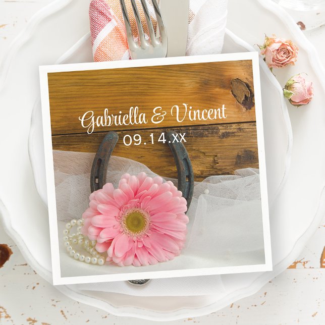 Pink Daisy, Pearls and Horseshoe Western Wedding Napkin (Creator Uploaded)