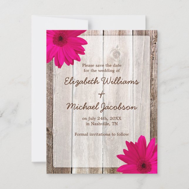 Pink Daisy Rustic Barn Save the Date Announcement (Front)