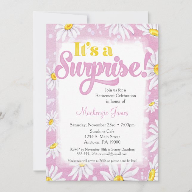 Pink Daisy Surprise Retraite Party Invitation (Devant)