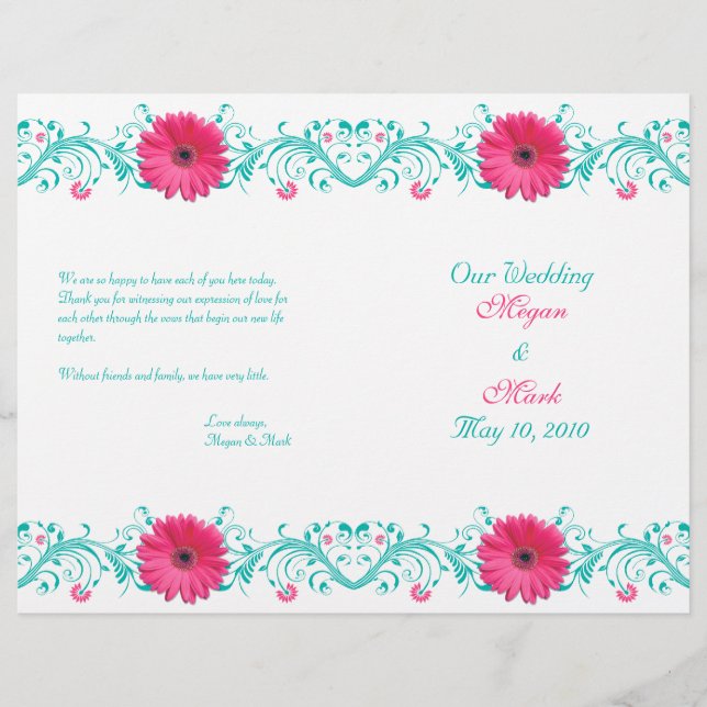 Pink Daisy Turquoise Floral Wedding Programme (Devant)
