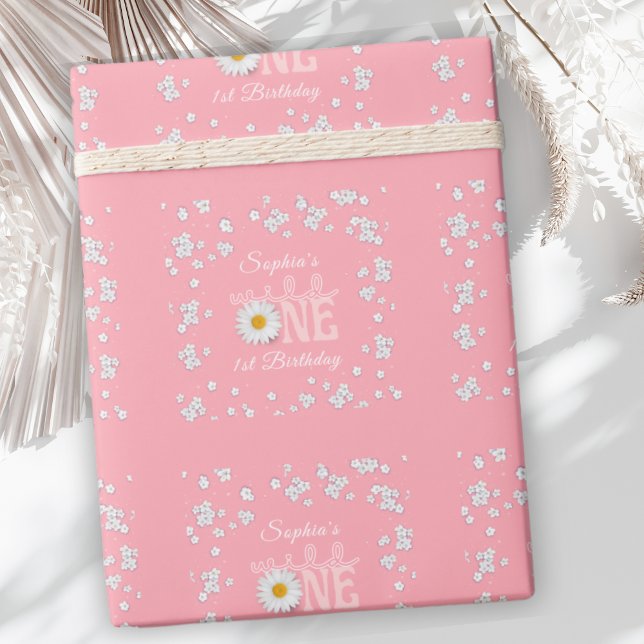 Pink Daisy Wild One 1st Birthday  Wrapping Paper (Creator Uploaded)