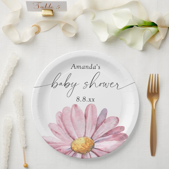 Pink daisy Wildflower - Baby shower Paper Plate (Wedding)