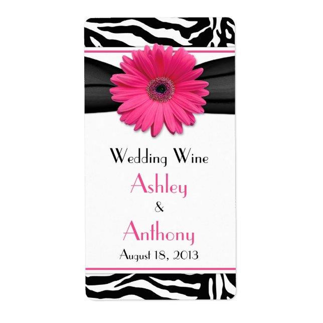 Pink Daisy Zebra Imprimer Mariage Vin bouteille Ét (Devant)