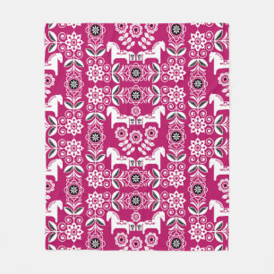 Pink Dala Swedish Horse Print Fleece Blanket