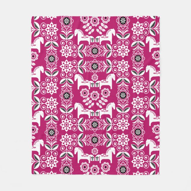 Pink Dala Swedish Horse Print Fleece Blanket (Front)